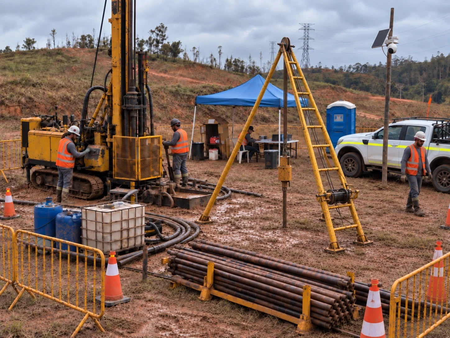 Frente de investigação geotécnica com equipamentos e isolamento de segurança